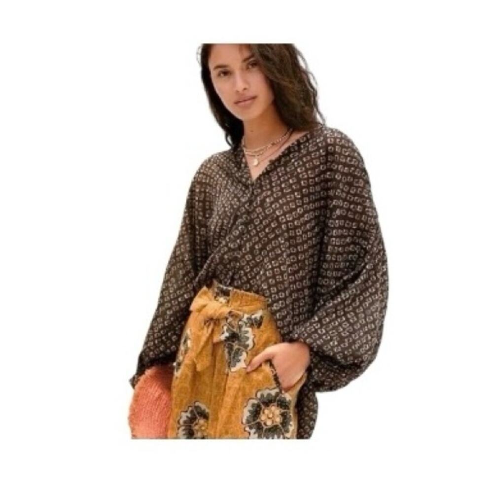 Anthropologie Pamela Brown Motif Long Sleeve Blouse Balloon Sleeves Size Medium